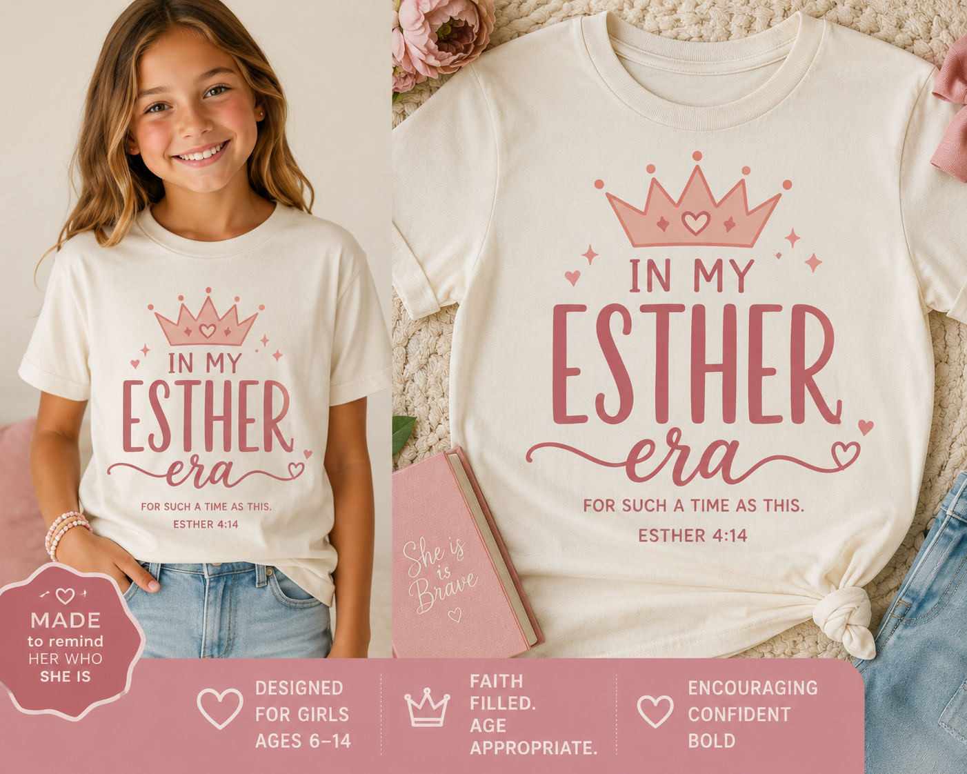 Kids Tee - "In My Esther Era" Pink Crown Christian Girls T-Shirt